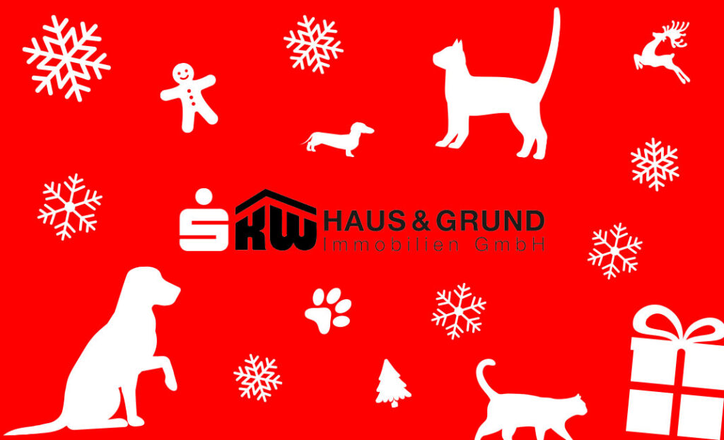 Rotes Bild mit weißen Tiersilhouetten und Weihnachtselementen der SKW