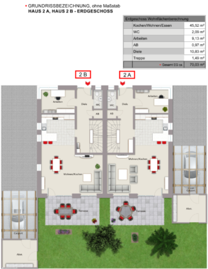Haus 2A, Haus 2B Grundriss - Erdgeschoss - Neubau-Doppelhaushälften in GT-Avenwedde***4149 G